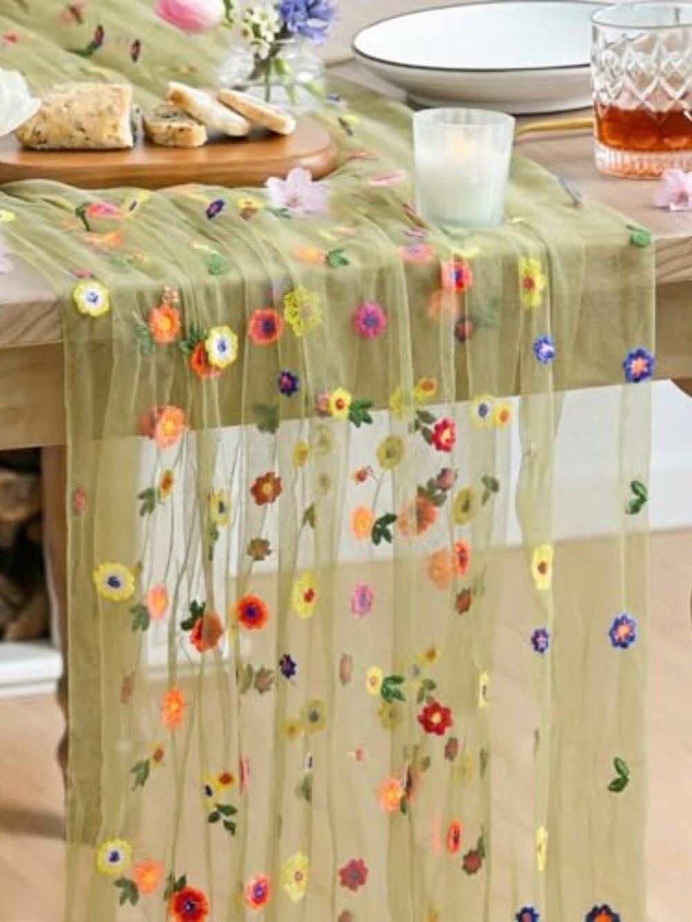 New - Green Embroidery Daisy Gauze Table Runner 120 Inch 10FT, Seasonal Sheer‎